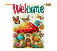 Bandiera da giardino con funghi di benvenuto, decorazione per esterni con farfalle e fiori colorati, striscione in iuta su entrambi i lati, per feste primaverili ed estive, 71 x 101 cm