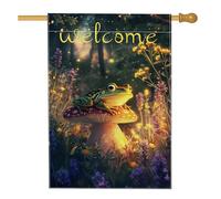 Bandiera da giardino con funghi di benvenuto, decorazione per la casa verde del mondo delle fate, bandiera bifacciale per cortile per primavera estate decorazione per prato all'aperto 71 x 101 cm