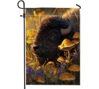 Bandiera da giardino con funghi di bufalo autunnale, striscione decorativo per animali selvatici bisonte marrone, bandiera rustica su entrambi i lati per esterni per decorazione autunnale del prato