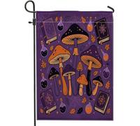 Bandiera da giardino con funghi, fantasiosi libri di incantesimi di pozioni stagionali Halloween viola su entrambi i lati piccola bandiera da giardino per patio esterno prato portico balcone 30,5 x