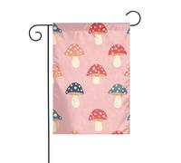 Bandiera da giardino con funghi maculati retrò su sfondo rosa, 30 x 45 cm, verticale, double face, decorazione per casa colonica, vacanze, esterni, bandiera da cortile