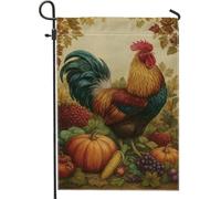 Bandiera da giardino con gallo raccolto autunnale, striscione decorativo colorato con animali della fattoria, bandiera da giardino in iuta su entrambi i lati per decorazione esterna del Ringraziamento