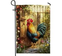 Bandiera da giardino con gallo vivace, decorazione colorata per la primavera e l'estate, bandiera da cortile in iuta su entrambi i lati per decorazione esterna del prato, tema polli e fiori, 30,5 x