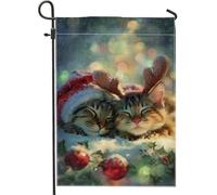 Bandiera da giardino con gatti, cappello di Babbo Natale con corna di Natale, in iuta rossa, su entrambi i lati, piccola bandiera da giardino per esterni, patio, prato, portico anteriore, balcone