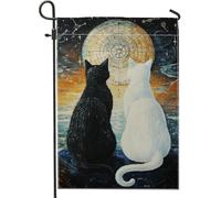 Bandiera da giardino con gatti cosmici, striscione decorativo per la casa con gatto bianco e nero, design celeste su entrambi i lati per osservare le stelle, decorazione per prato all'aperto, bandiera