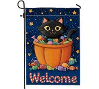 Bandiera da giardino con gatti di Halloween, striscione di benvenuto colorato con zucche e caramelle, decorazione per esterni in iuta su entrambi i lati, per feste autunnali, decorazione per prato