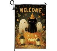 Bandiera da giardino con gatti di Halloween, zucca arancione, fantasmi benvenuti, decorazione per esterni, striscione su entrambi i lati per prato in iuta per la decorazione autunnale delle vacanze