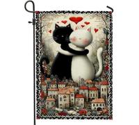 Bandiera da giardino con gatti, fantasiosi cuori romantici e fiori d'amore neri su entrambi i lati, bandiere decorative per esterni, patio, prato, portico, ingresso campeggio, 30,5 x 45,7 cm