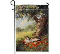 Bandiera da giardino con gatti primaverili ed estivi, calicò con gatto che riposa sotto l'albero, decorazione per la casa da cortile, decorazione per prato all'aperto in iuta su entrambi i lati