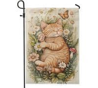 Bandiera da giardino con gatti primaverili ed estivi, motivo felino arancione che si rilassa nei fiori, striscione decorativo per esterni, bandiera in iuta su entrambi i lati, decorazione per gli