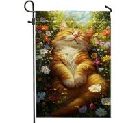 Bandiera da giardino con gatti primaverili ed estivi, motivo felino arancione che si rilassa nei fiori, bandiera decorativa per esterni, bandiera da giardino in iuta su entrambi i lati, per la