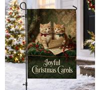 Bandiera da giardino con gattini che cantano e canti natalizi, 30,5 x 45,7 | Ginger Kittens, bandiera del prato, bacche di agrifoglio, motivi damascati, foglio musicale, decorazione invernale