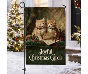 Bandiera da giardino con gattini che cantano e canti natalizi, 30,5 x 45,7 | Ginger Kittens, bandiera del prato, bacche di agrifoglio, motivi damascati, foglio musicale, decorazione invernale