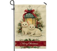 Bandiera da giardino con gattini, lanterna natalizia con agrifoglio, in iuta rossa, su entrambi i lati, decorativa, per esterni, prato, portico, patio, ingresso, 30,5 x 45,7 cm