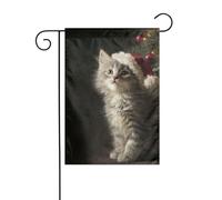 Bandiera da giardino con gattino grigio che indossa un cappello di Babbo Natale, 30 x 45 cm, verticale, double face, decorazione per casa colonica