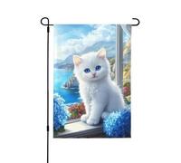 Bandiera da giardino con gattino, ortensia, 70 x 102 cm, double face, decorativa per esterni, in poliestere, resistente alle intemperie, per prato, patio, balcone, cortile, decorazione per la casa