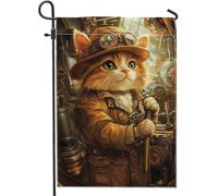Bandiera da giardino con gattino Steampunk, gatto marrone con gli occhiali, striscione decorativo per la casa, bandiera da giardino in iuta su entrambi i lati, decorazione per esterni, 30,5 x 45,7 cm