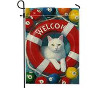 Bandiera da giardino con gatto a bordo piscina, felino bianco con galleggiante da nuoto e palline da biliardo, decorazione per esterni, striscione estivo su entrambi i lati per la decorazione del