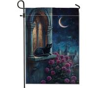 Bandiera da giardino con gatto al chiaro di luna, scena notturna mistica, decorazione per la casa e il giardino, bandiera artistica su entrambi i lati, decorazione stagionale per esterni, 30,5 x 45,7
