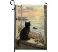 Bandiera da giardino con gatto al tramonto, accogliente decorazione costiera con fiori, bandiera in iuta su entrambi i lati per decorazione esterna del prato, perfetta per primavera estate 30,5 x 45,7