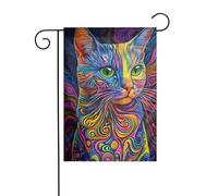 Bandiera da giardino con gatto arcobaleno psichedelico 30 x 45 cm verticale su entrambi i lati per fattoria vacanze decorazioni esterne bandiera cortile