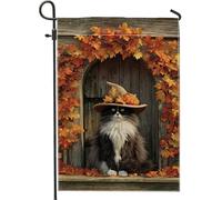 Bandiera da giardino con gatto autunnale, foglie d'acero arancione, striscione decorativo per la casa, bandiera in iuta su entrambi i lati, decorazione per giardino per vacanze all'aperto, 30,5 x 45,7