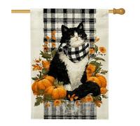 Bandiera da giardino con gatto autunnale, gattino bianco nero con zucche autunnali, decorazione per esterni, striscione in iuta su entrambi i lati per decorazione del prato del Ringraziamento, 71 x