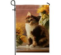 Bandiera da giardino con gatto autunnale, grazioso calico gattino girasole decorazione per prato all'aperto, bandiera da cortile in tessuto su entrambi i lati, striscione decorativo stagionale 30,5 x