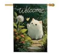 Bandiera da giardino con gatto bianco di benvenuto, decorazione per esterni con graziosa farfalla gattino, in iuta su entrambi i lati, striscione primaverile estivo per la casa, affascinante
