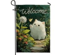 Bandiera da giardino con gatto bianco di benvenuto, decorazione per esterni con graziosa farfalla gattino, in iuta su entrambi i lati, striscione primaverile estivo per la casa, affascinante