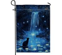 Bandiera da giardino con gatto blu mistico, design a cascata incantata, decorazione per la casa e da cortile, decorazione per prato all'aperto in iuta su entrambi i lati, decorazione per feste