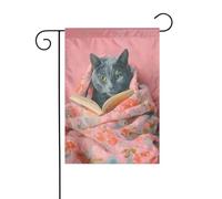 Bandiera da giardino con gatto blu russo che legge un libro, 30 x 45 cm, verticale, double face, per fattoria, vacanze, decorazioni esterne