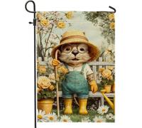 Bandiera da giardino con gatto carino, bandiera gialla floreale animale decorazione per la casa, bandiera da cortile in iuta su entrambi i lati, decorazione per prato all'aperto primaverile 30,5 x