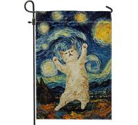 Bandiera da giardino con gatto carino, dipinto di gattino bianco su sfondo blu, striscione decorativo per la casa primaverile ed estate, bandiera da cortile su entrambi i lati per la decorazione del