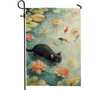 Bandiera da giardino con gatto che nuota nelle ninfee, decorazione floreale estiva per esterni, bandiera da cortile su entrambi i lati per la decorazione della casa, divertente festa di vacanza banner