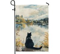 Bandiera da giardino con gatto che riflette il lago, bandiere decorative per la natura felina nera, su entrambi i lati, in tela, decorazione per esterni per casa e cortile, 30,5 x 45,7 cm