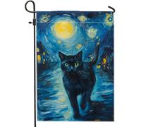 Bandiera da giardino con gatto, cielo notturno blu, decorazione per la casa e il giardino, bandiera da giardino su entrambi i lati, bandiera per cortile per vacanze all'aperto, decorazione per prato