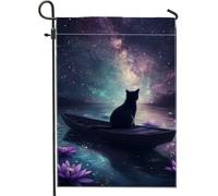Bandiera da giardino con gatto cosmico, gatto mistico galleggiante sull'acqua, bandiera decorativa su entrambi i lati per la decorazione estiva della casa esterna, bandiera singola da cortile per la