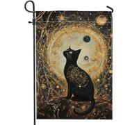 Bandiera da giardino con gatto cosmico, luna celeste, stelle, decorazione per esterni, double-face, in iuta, decorazione autunnale, 30,5 x 45,7 cm