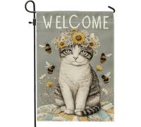 Bandiera da giardino con gatto di benvenuto, grazioso design floreale con api per la primavera e l'estate, decorazione esterna su entrambi i lati per la decorazione del prato 30,5 x 45,7 cm