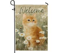 Bandiera da giardino con gatto di benvenuto primaverile ed estate, striscione floreale arancione con gattino margherita, decorazione da giardino su entrambi i lati in iuta per esterni, decorazione per