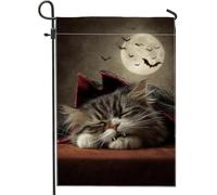 Bandiera da giardino con gatto di Halloween, bandiera grigia con gattino addormentato e luna, bandiera su entrambi i lati in iuta per feste all'aperto decorazione per prato 30,5 x 45,7 cm