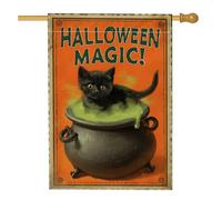 Bandiera da giardino con gatto di Halloween, calderone arancione strega decorativa per la casa, bandiera in iuta su entrambi i lati, decorazione per cortile per vacanze all'aperto, decorazione per