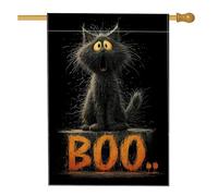 Bandiera da giardino con gatto di Halloween, gattino peloso nero con testo Boo, decorazione per esterni, striscione su entrambi i lati per prato in iuta per decorazione autunnale per feste autunnali
