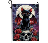 Bandiera da giardino con gatto di Halloween, teschio spettrale e rose, bandiera decorativa per la casa, bandiera da cortile in iuta su entrambi i lati, per decorazione esterna del prato, 30,5 x 45,7