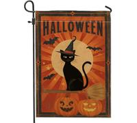 Bandiera da giardino con gatto di Halloween, zucca arancione, scopa, decorazione per la casa, bandiera su entrambi i lati in iuta da cortile per feste all'aperto decorazione per prato 30,5 x 45,7 cm