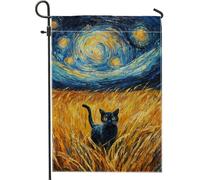 Bandiera da giardino con gatto e cielo stellato, design cielo notturno blu, decorazione per la casa e il giardino, bandiera da giardino in iuta su entrambi i lati, decorazione autunnale per esterni