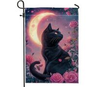 Bandiera da giardino con gatto e luna, decorazione per esterni con rosa notturna magica, bandiera da cortile in iuta su entrambi i lati, per la decorazione della casa e del giardino, 30,5 x 45,7