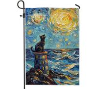 Bandiera da giardino con gatto e notte stellata, decorazione per esterni blu e gialla per primavera ed estate, striscione in iuta su entrambi i lati per decorazione per feste sul prato 30,5 x 45,7 cm