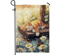 Bandiera da giardino con gatto estivo, bandiera arancione soriana che dorme floreale, decorazione per la casa, bandiera su entrambi i lati in iuta per cortile, decorazione per prato all'aperto, 30,5 x